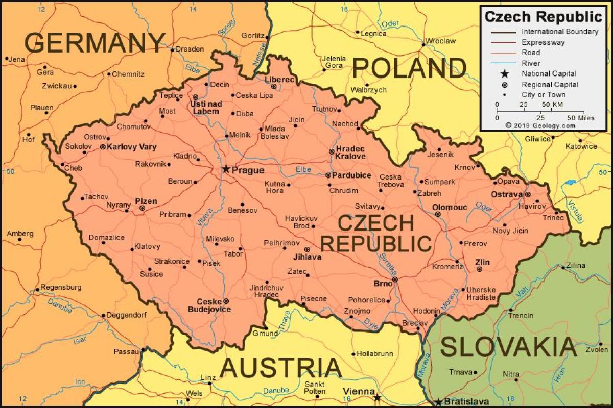 خريطة جمهورية التشيك (تشيكوسلوفاكيا) والدول المجاورة
