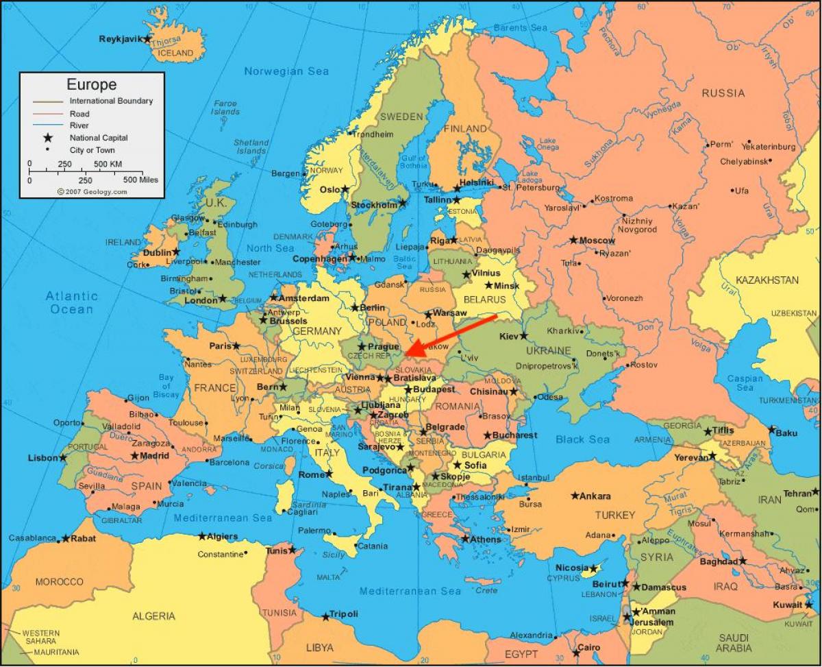 موقع جمهورية التشيك (تشيكوسلوفاكيا) على خريطة أوروبا الشرقية